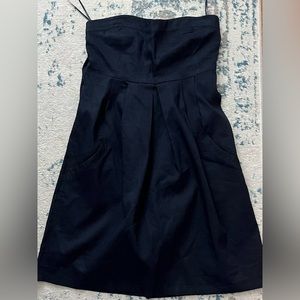Theory Tyrah Crunch Linen Shift Dress Size 6 Navy Pockets Strapless Mini bow